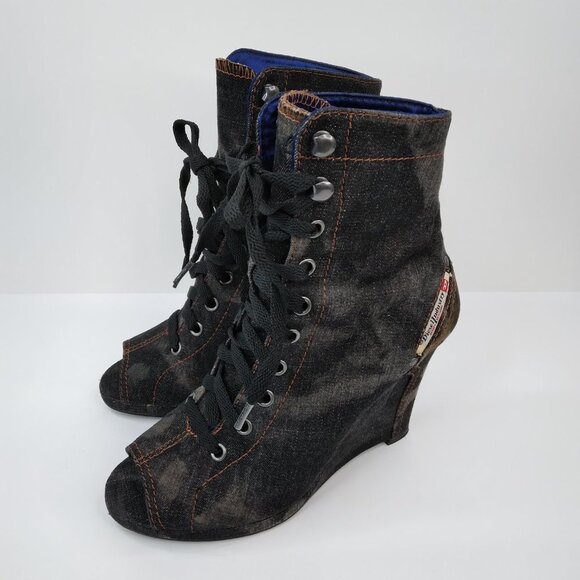 Diesel Burlesque Distressed Black Denim Peep Toe Ankle Booties Wedges Si… - Picture 1 of 16